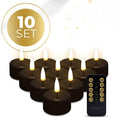 Four black LED tealight candles showing flickering flame effect with dimensions 4.1cm diameter 5cm height