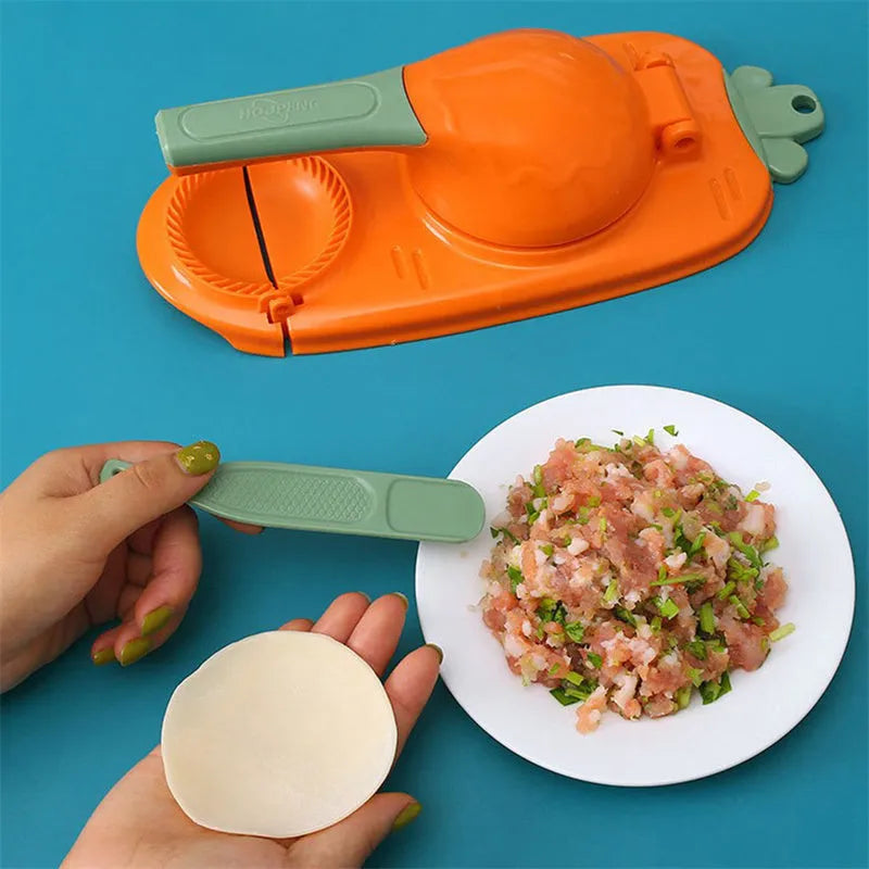 Orange and white plastic dumpling maker tool with ergonomic handle and 2-in-1 design