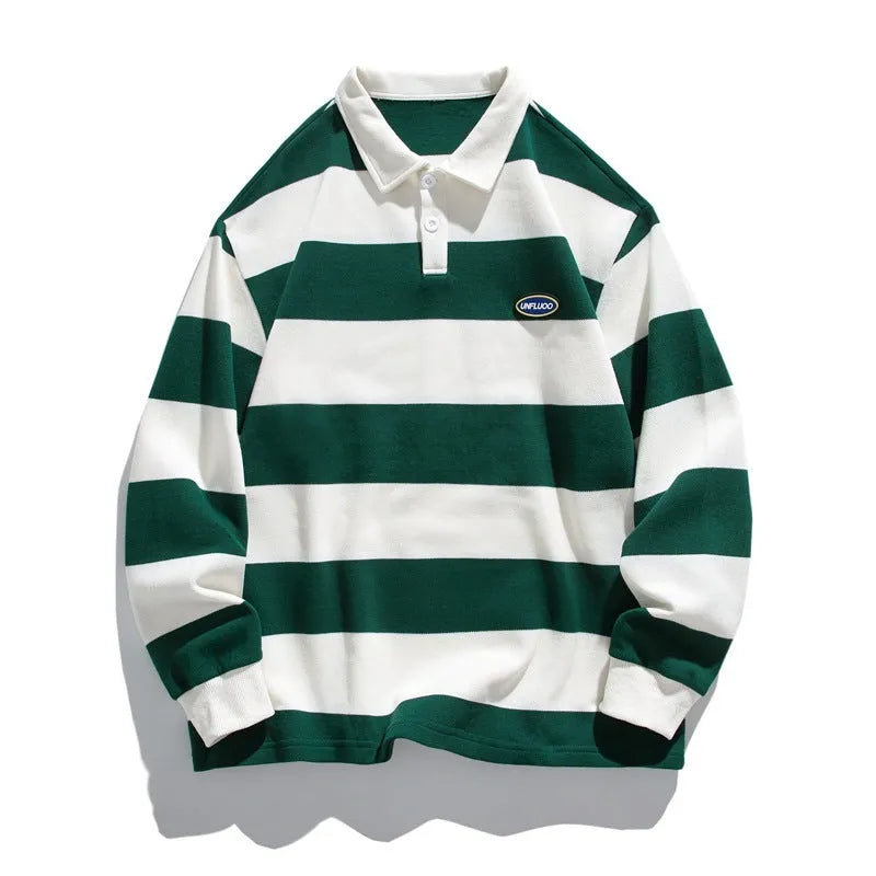 Striped Hong Kong style lapel polo shirt in pearl cotton knit with loose fit long sleeves