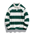Striped Hong Kong style lapel polo shirt in pearl cotton knit with loose fit long sleeves
