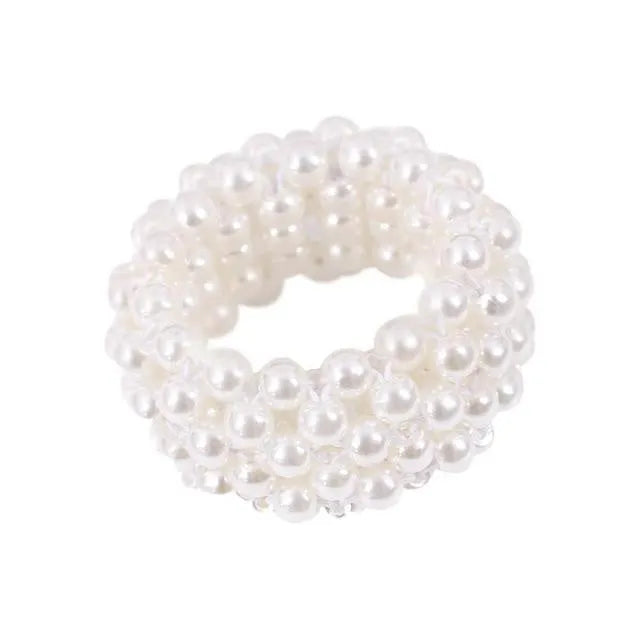 Handmade beaded hair rope with imitation pearls available in black pink silver and white colours