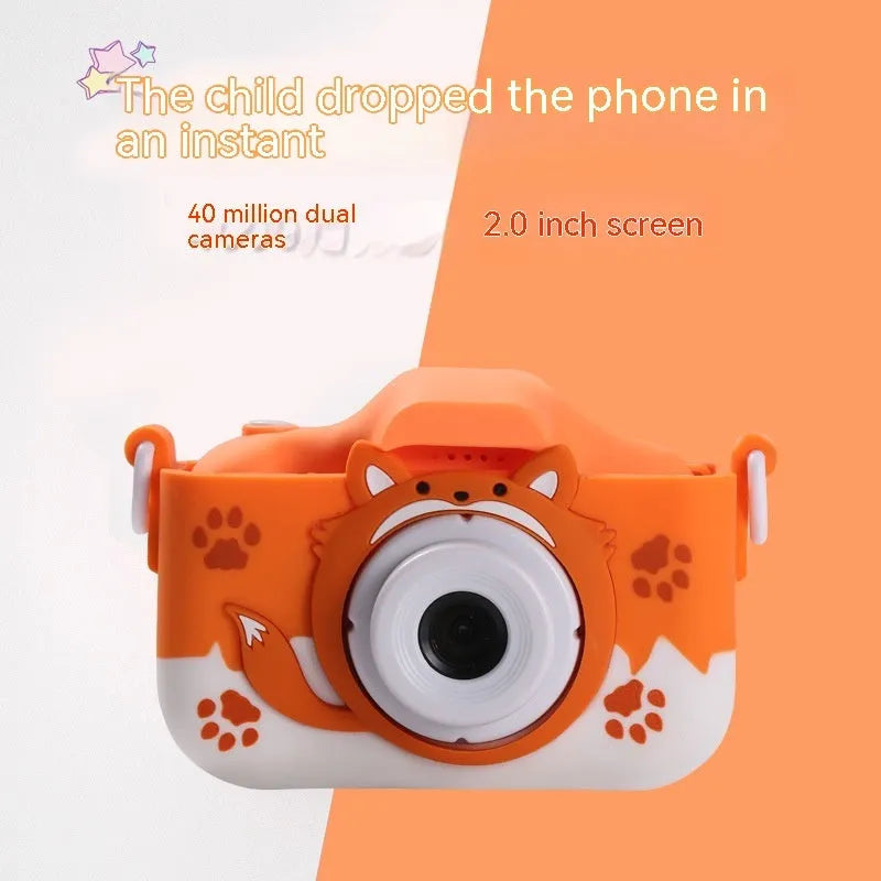 Children's HD cartoon digital camera in orange with compact design and lanyard