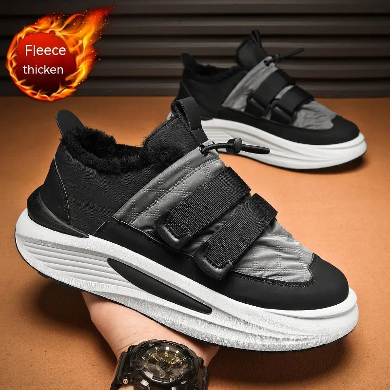 Men's black and gray platform sneakers with lace-up fastening and striped cotton upper on a white background