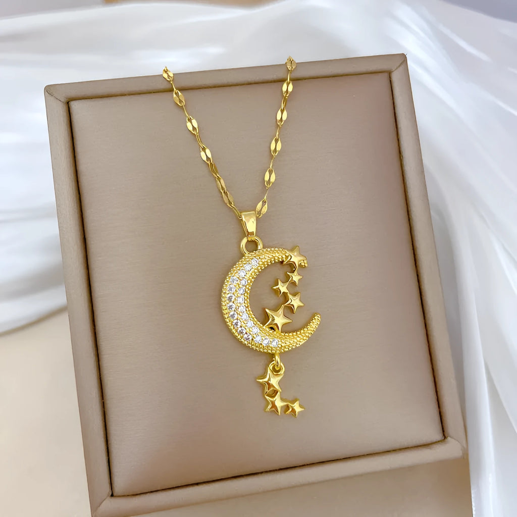 Geometric moon tassel necklace with diamond-cut facets and stainless steel chain