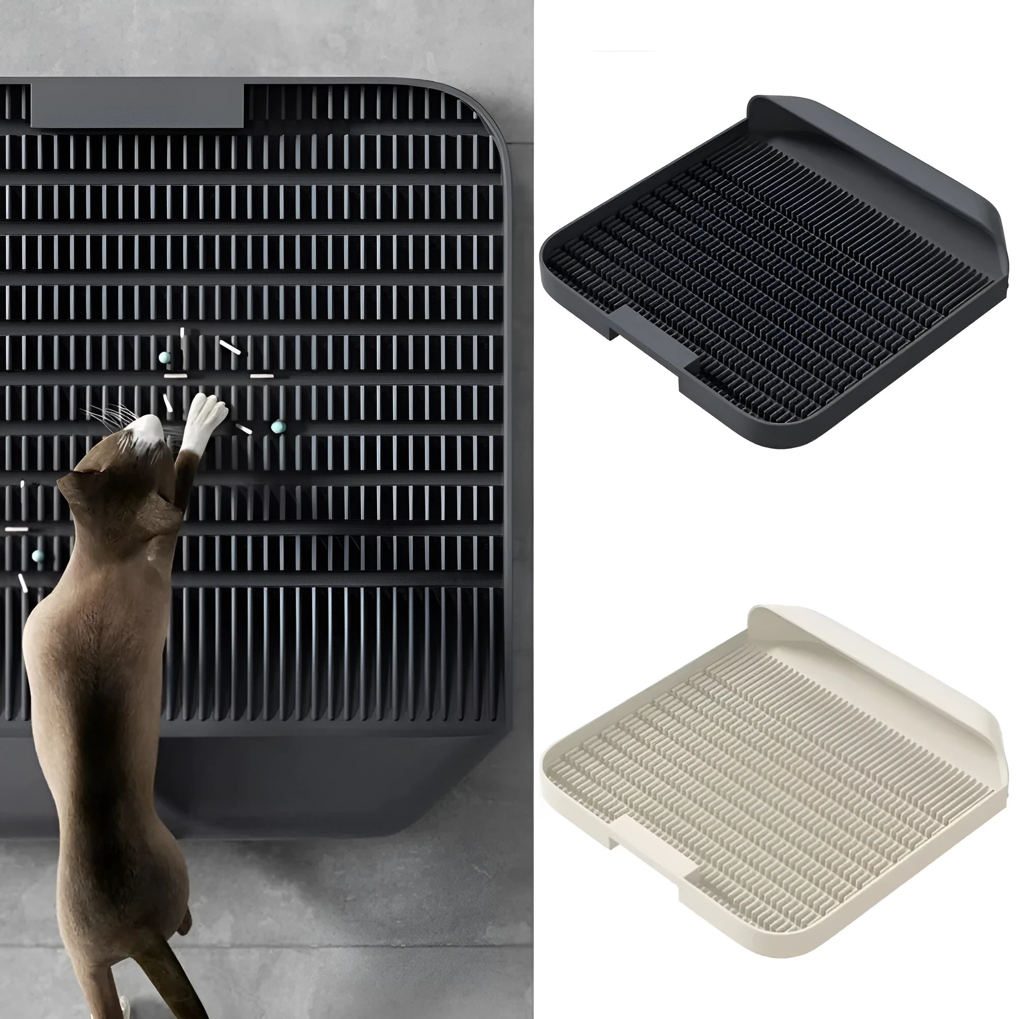Large square black cat litter pedal with slanted mouth design and textured surface