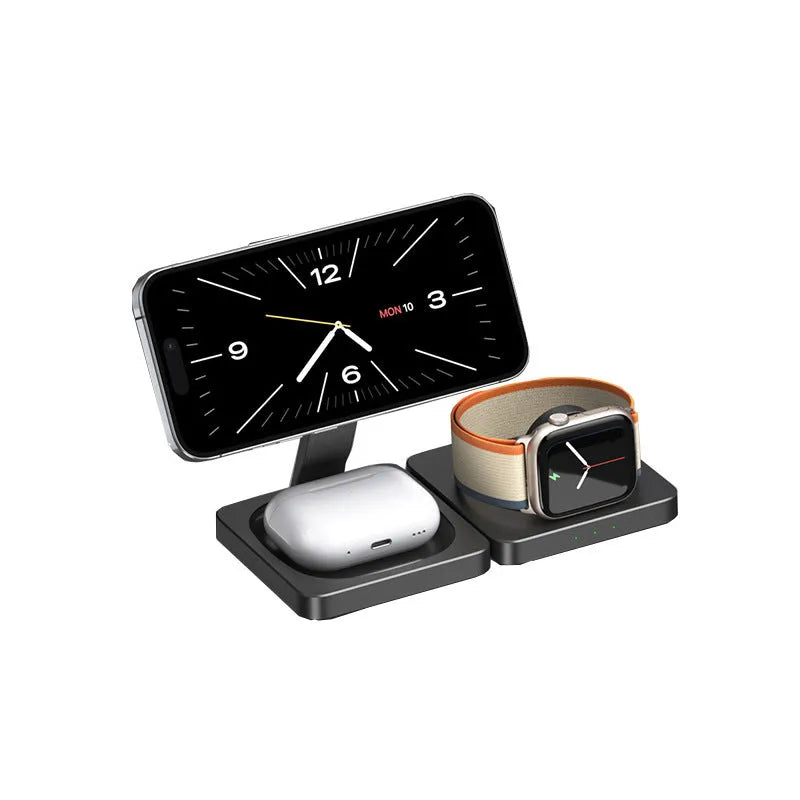 Three in one folding magnetic wireless charger for iPhone AirPods and Apple Watch in black