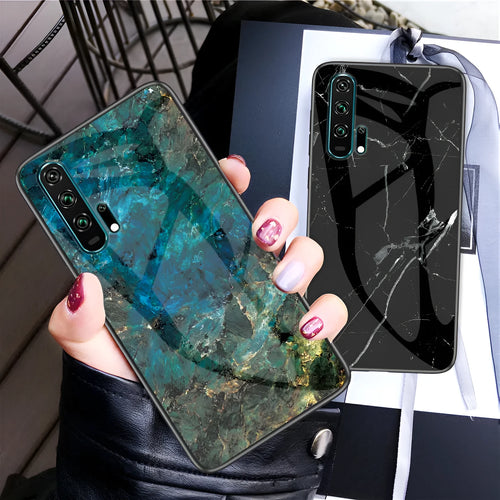 Honor 20 Pro mobile phone in a black marble tempered glass case with silicone bumper