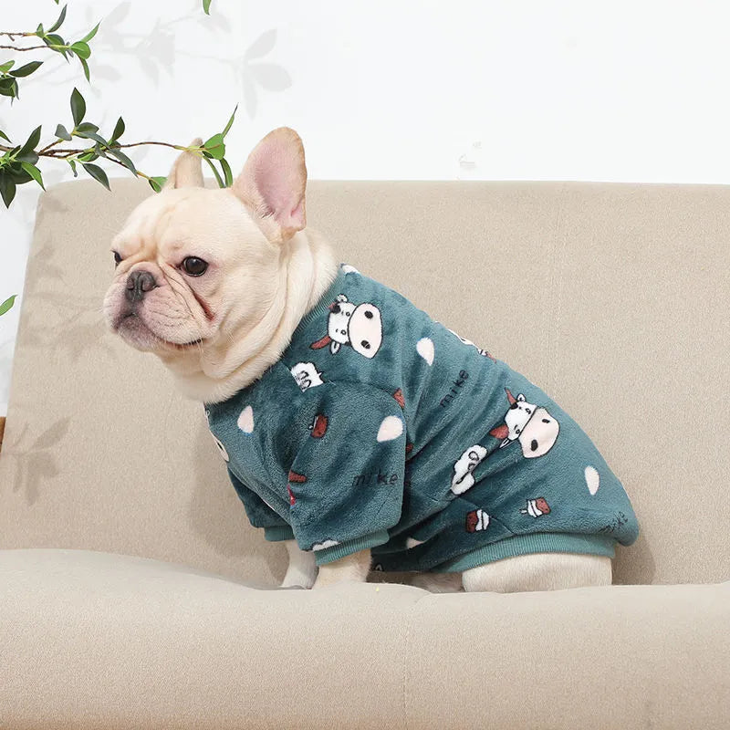 Fleece pet sweater in Chinese style, dark green cow pattern, on a small dog, size S