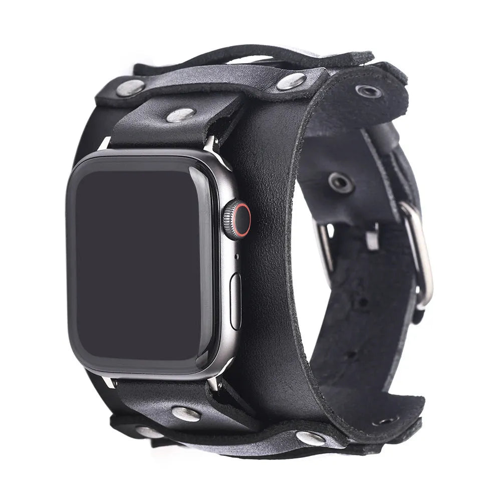 Punk style genuine cowhide leather watch strap in black, fitting 38/40mm watch lugs