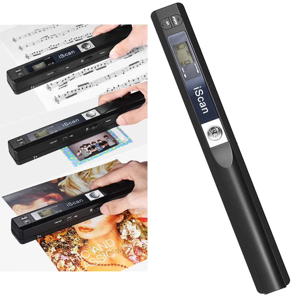 A handheld plastic scanner shown in five colour options: black, blue, green, red, and silver.
