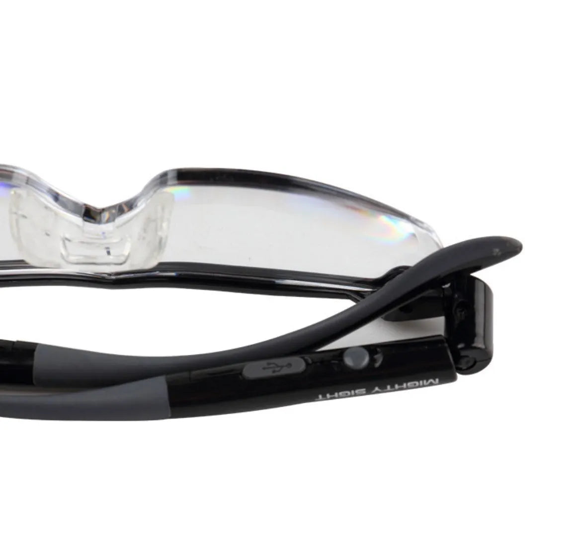 USB LED reading glasses with transparent black frame and integrated lighting