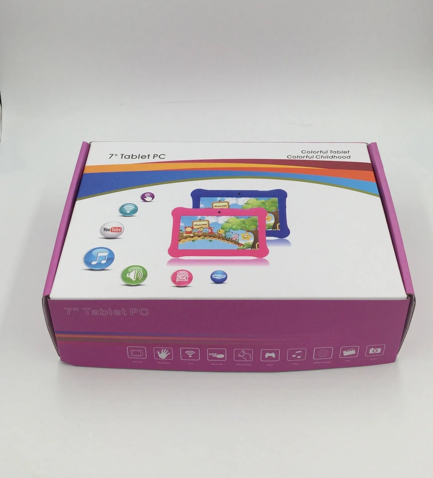 Children's tablet with 7-inch capacitive touch screen in black, showing front display and ABS plastic shell