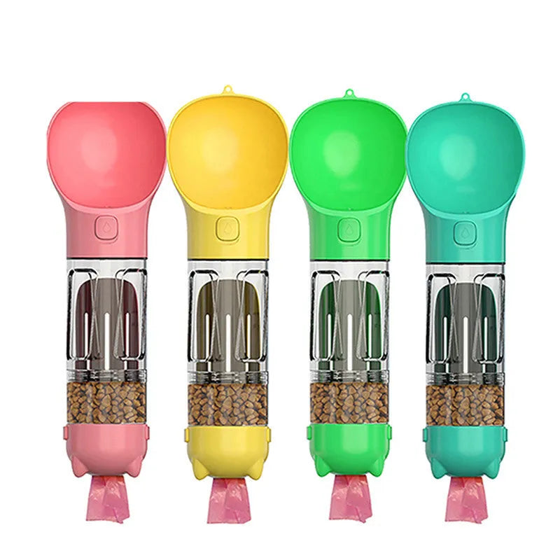 Pet multi-functional water bottle 300ml in yellow with built-in waste bag compartment and side shovel
