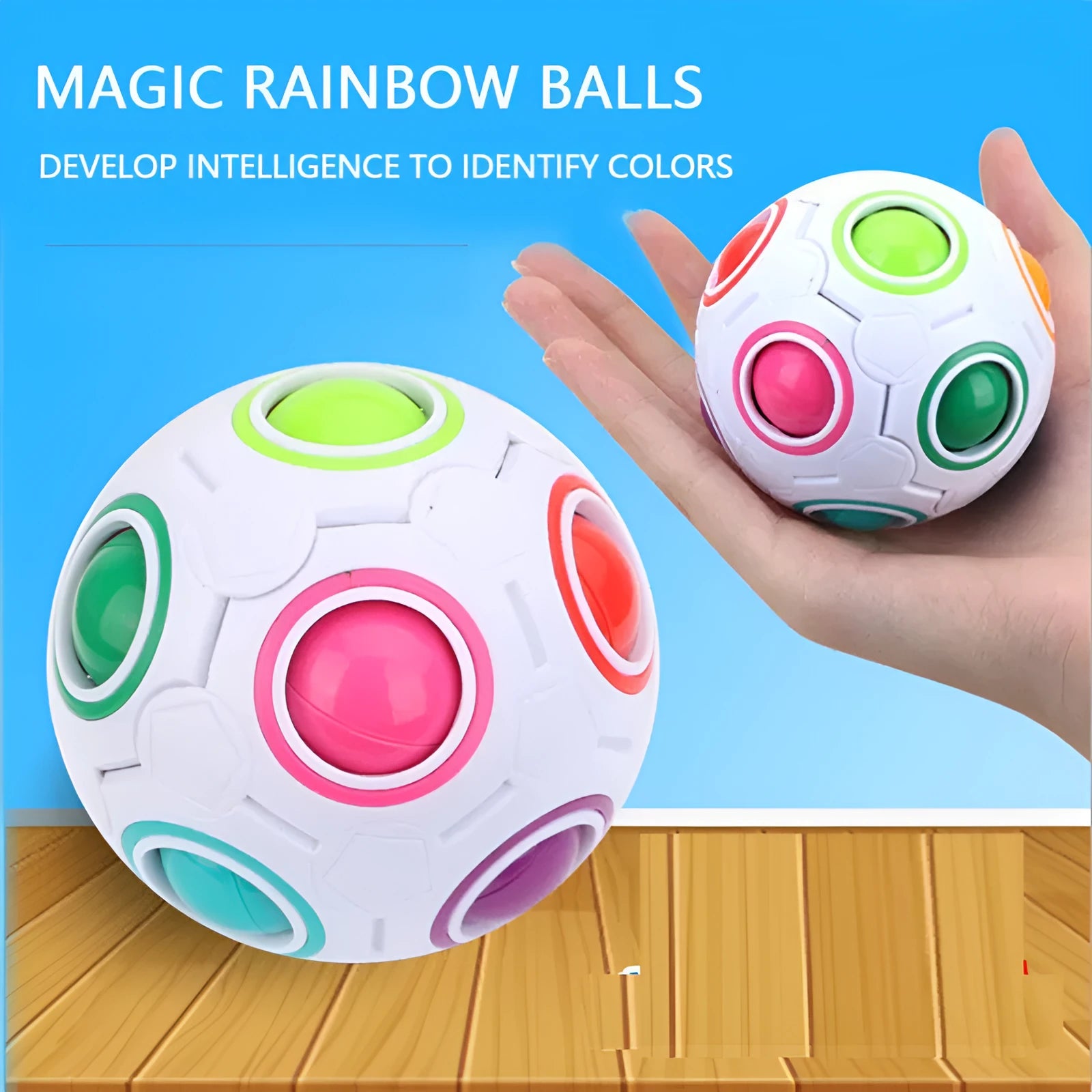 Multicoloured hexagon plastic puzzle ball with visible internal coloured balls, 7cm in diameter.