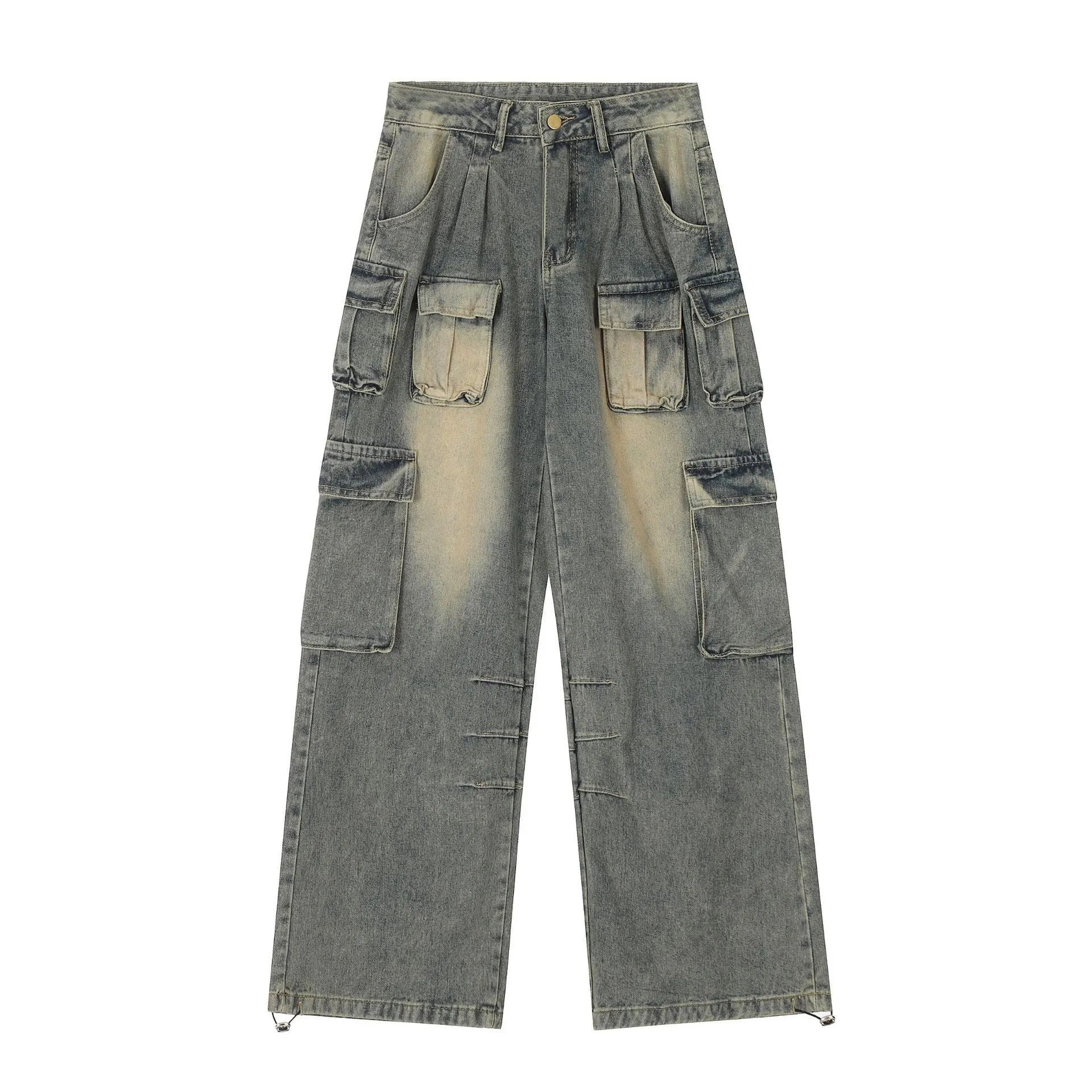 Loose-fit distressed denim pants with multiple pockets in light blue wash, straight-leg street style