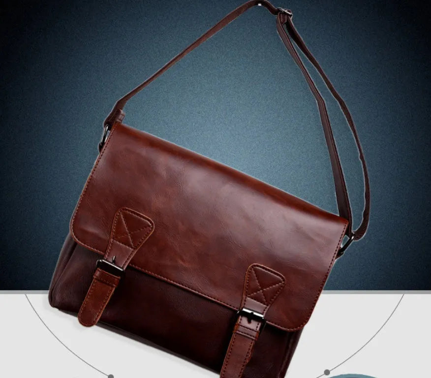Men's PU leather vintage one-shoulder satchel with plaid pattern, black and brown options, 28x33x8cm