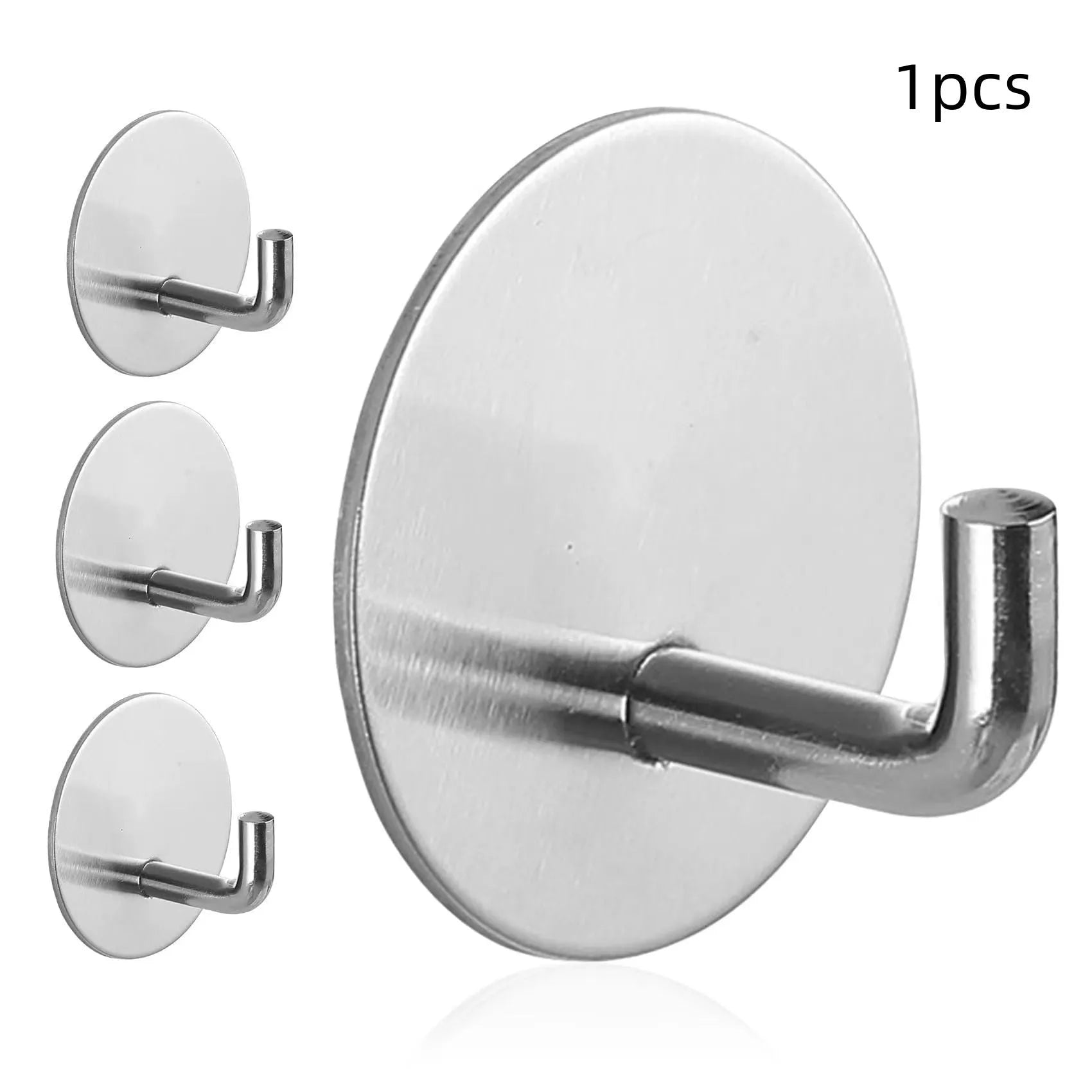 Stainless steel self-adhesive hook in black and polished finishes for bathroom or kitchen use.