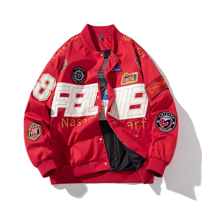 American motorcycle baseball uniform jacket in black, red, or blue with removable hood and cotton-padded lining