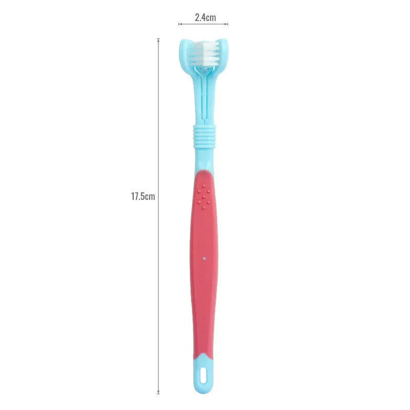 Three-head plastic pet toothbrush in 175x24x15mm size for oral cleaning, available in five colours