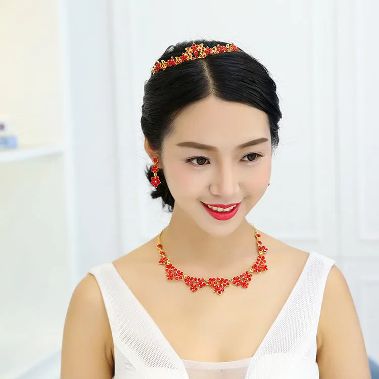 Korean crystal necklace and earring bridal set with crystal detailing on metal base