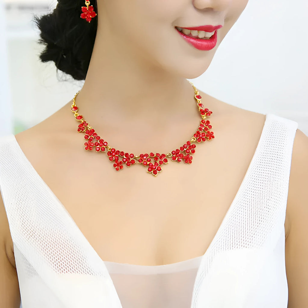 Korean crystal necklace and earring bridal set with crystal detailing on metal base