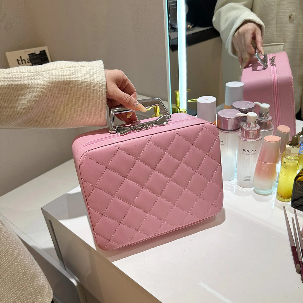 Rhombus-embroidery design cosmetic bag with handle and mirror, available in multiple colours, PU material, large capacity