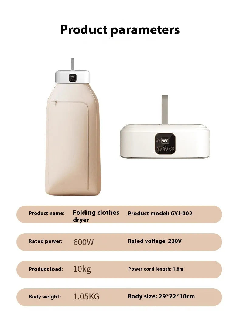 White cylindrical smart laundry drier with remote control for dormitory quick-drying and foldable storage