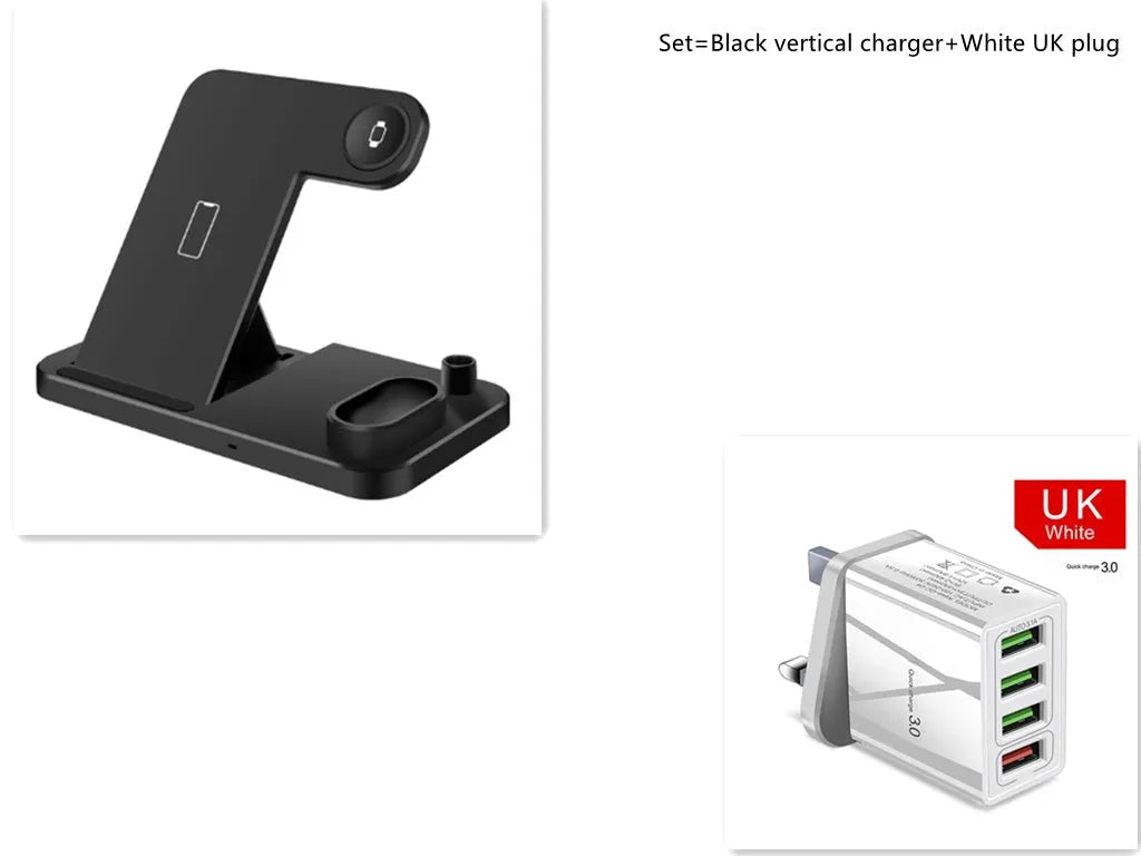 Black 4-in-1 wireless charging station with phone on adjustable stand, Apple Watch, and AirPods charging.