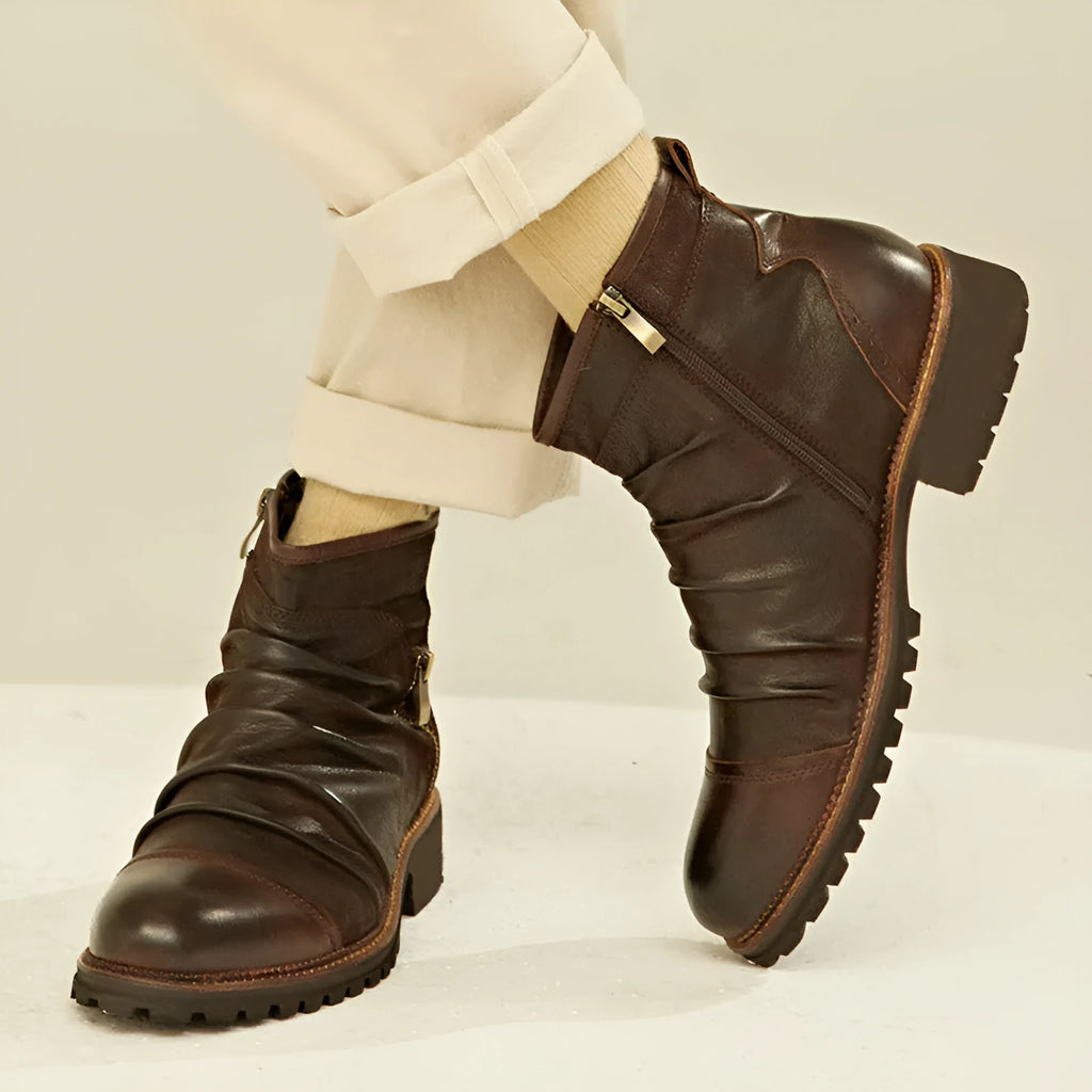Men's black embossed PU cowboy boots with a side zipper and a mid-height horseshoe heel.