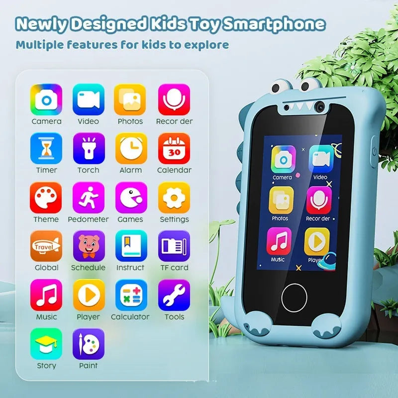 Blue educational toy mobile phone with silicone case showing touch screen and camera functions