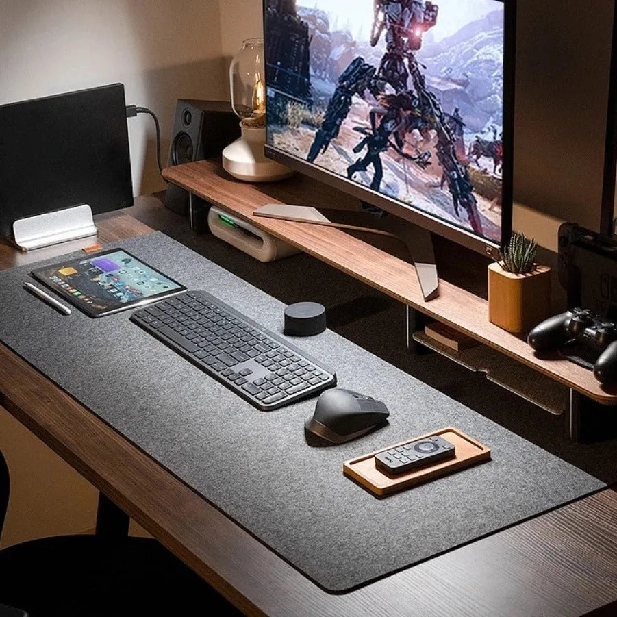 Thickened non-slip felt mouse pad in brown, extra large size, on a desk with a mouse and keyboard