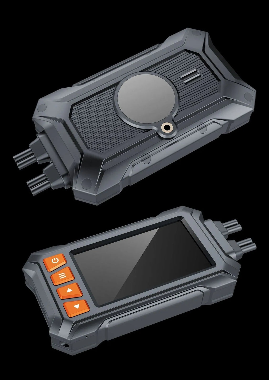 Motorcycle tachograph dash cam with dual lenses, 3-inch screen, GPS module, and mounting accessories on a black background.