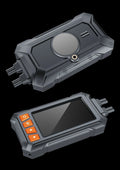 Motorcycle tachograph dash cam with dual lenses, 3-inch screen, GPS module, and mounting accessories on a black background.