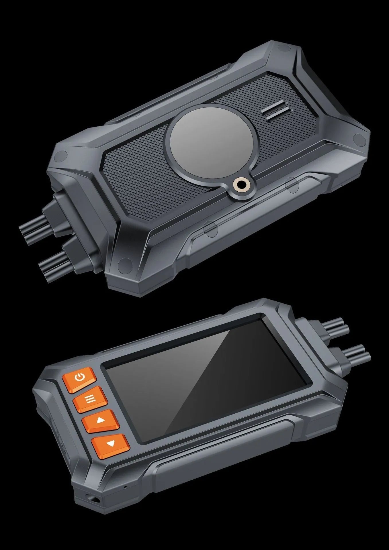 Motorcycle tachograph dash cam with dual lenses, 3-inch screen, GPS module, and mounting accessories on a black background.
