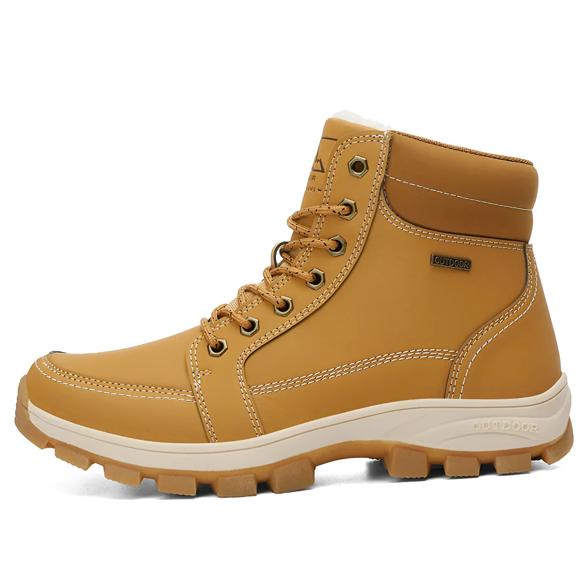 Men's black plush high top cotton shoes with imitation leather PU upper and rubber sole side view