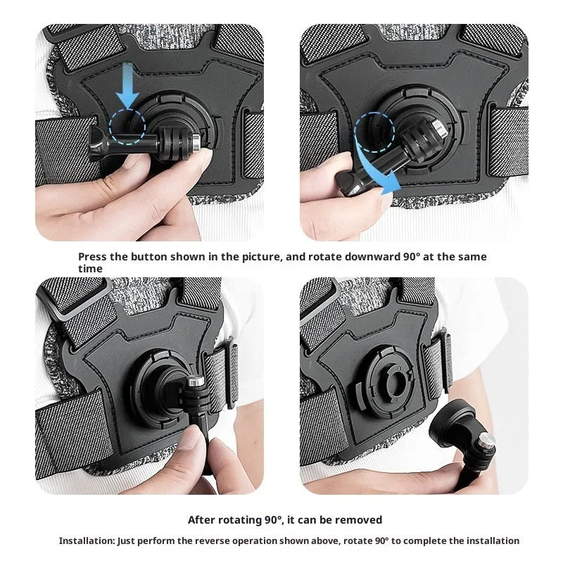 Chest mount kit with chest strap, adapter, phone clip, curved extension rod, and anti-shake rope for dual-camera action camera setup