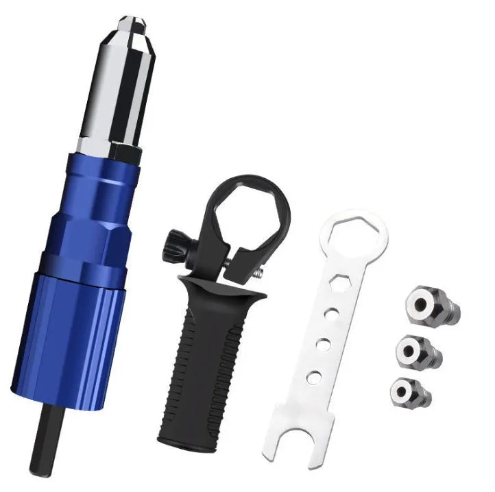 Electric rivet gun in blue and black, 160mm length, carbon steel and plastic body, with auxiliary grip