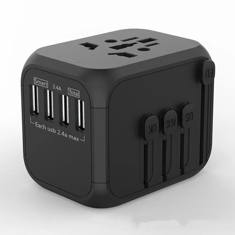 Black six-socket universal travel conversion plug adapter showing front and side views