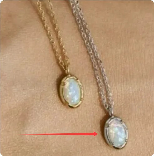 Simple geometric oval pendant necklace in gold plating on a silver chain.