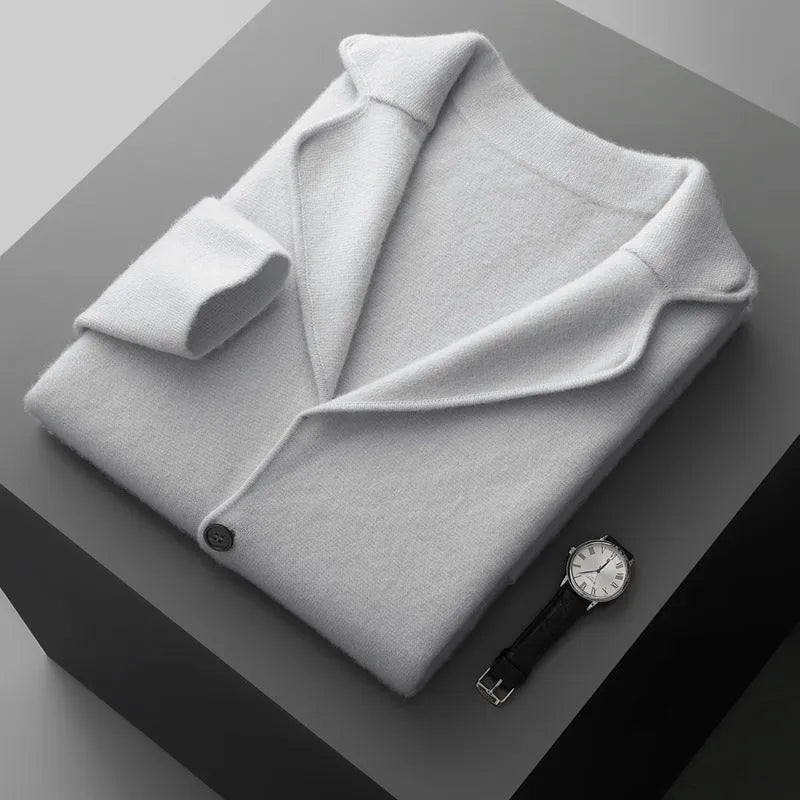 Men's loose fit cashmere cardigan jacket in light grey on a hanger