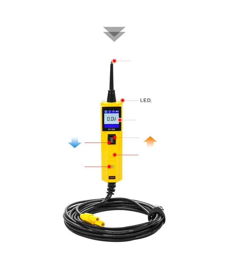 BT260 yellow automotive circuit voltage tester with LCD screen, LED lamp, and probe