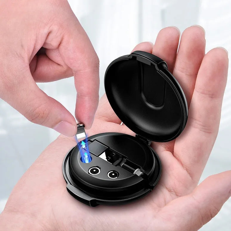 Black 3-in-1 magnetic retractable car phone charger with USB cable and mounting patch