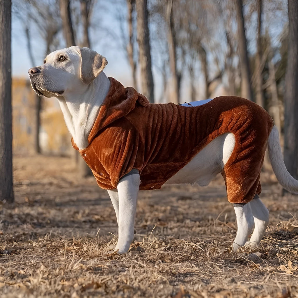 Coral fleece four-legged dog sweatshirt in denim blue for large breed