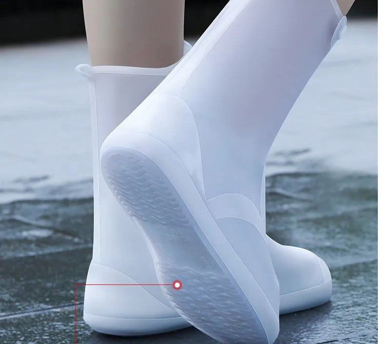 White PVC women's reusable waterproof shoe covers with high top design