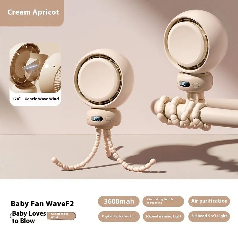 Clip-on portable stroller fan with USB cable, shown in beige colour with three plastic blades.