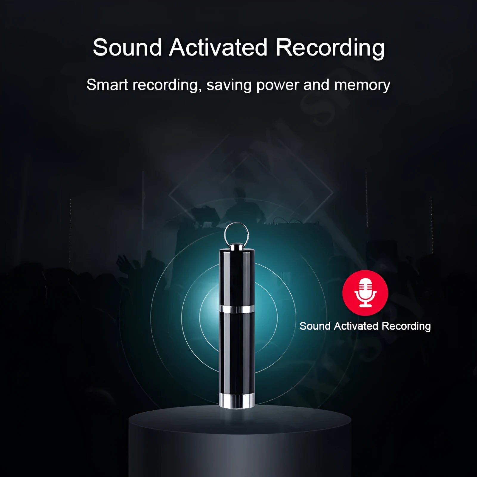 Black metal voice recorder with headset, available in 4GB, 8GB, 16GB, 32GB storage.