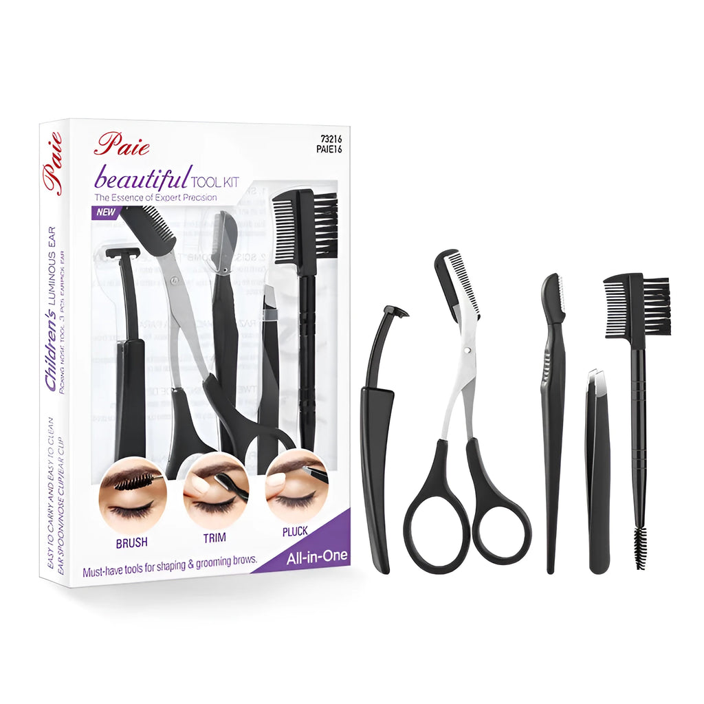Black eyebrow trimmer set with stainless steel blade and compact 14x10x2cm size on a plain background.