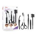 Black eyebrow trimmer set with stainless steel blade and compact 14x10x2cm size on a plain background.