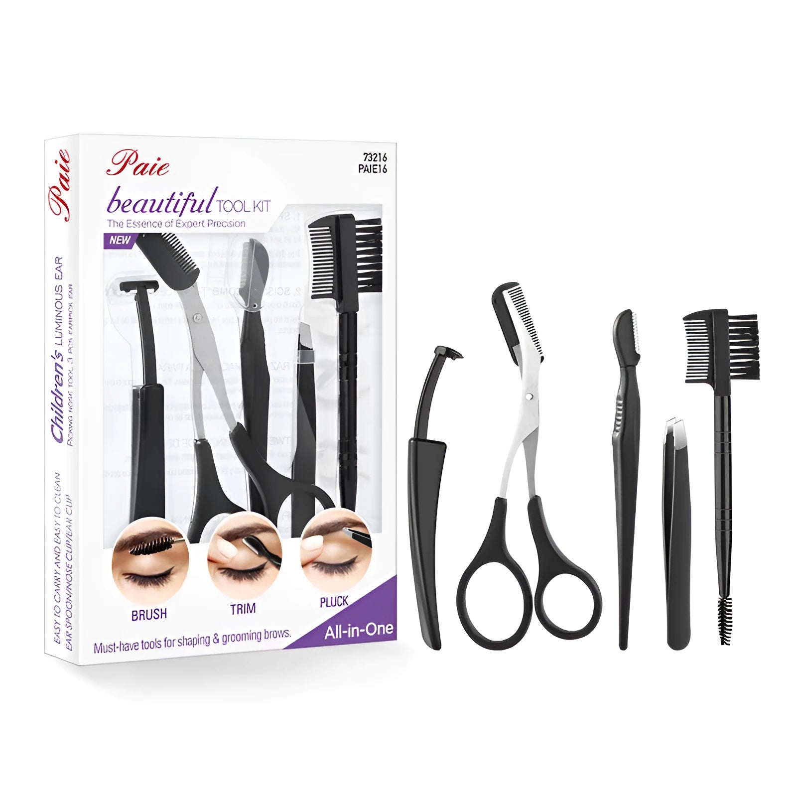 Black eyebrow trimmer set with stainless steel blade and compact 14x10x2cm size on a plain background.