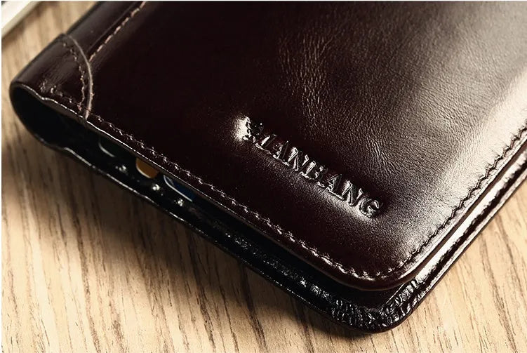 Men's black leather bi-fold wallet open to show card slots, banknote compartment, and coin pocket.